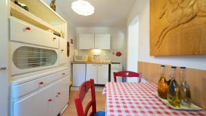 a kitchen with a table with a red and white checkered table cloth at Karolina in Fužine