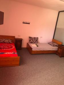 1 Schlafzimmer mit 2 Betten und einem Spiegel in der Unterkunft Chez ZAKARIA de Lyon in Meknès
