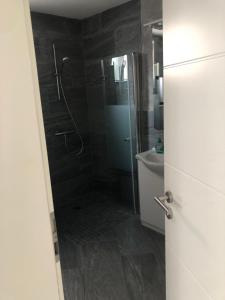 een badkamer met een douche, een toilet en een wastafel bij 1-ZKD mit EBK, modern und barrierefrei, SELF-CHECK-IN in Ittlingen