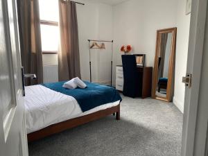 a bedroom with a bed and a large mirror at Modern 2 Bedroom Flat in Robert st Swansea in Swansea