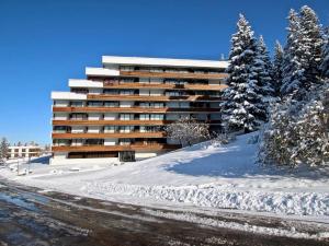 un grand bâtiment dans la neige avec des arbres enneigés dans l'établissement Studio Chamrousse, 1 pièce, 4 personnes - FR-1-549-75, à Chamrousse