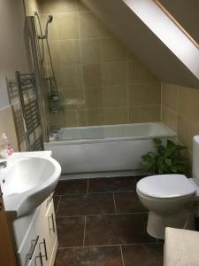 a bathroom with a toilet and a tub and a sink at B&B at No 4 in Biggar