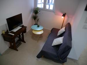 uma sala de estar com um sofá, uma televisão e uma mesa em Le grenier des hirondelles Gîte appartement au coeur de la route des vins d'Alsace em Rouffach