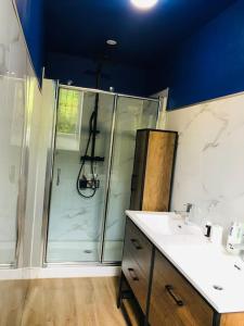 een badkamer met een douche en een wastafel bij Villa Benjamine - Parc Haut Languedoc in Lamalou-les-Bains