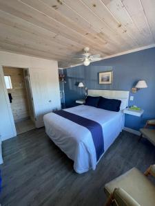 a bedroom with a large bed and blue walls at Grandview Motel in Tobermory