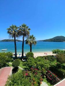 uma vista para uma praia com palmeiras e para o oceano em Palm Trees Hotel em Nydri
