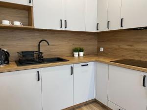 eine Küche mit weißen Schränken und einem Waschbecken in der Unterkunft Nowoczesny Apartament w Dzierżoniowie - parter - balkon - pokój + sypialnia in Dzierżoniów