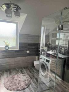 a bathroom with a toilet and a washing machine at Ferienwohnung Falke in Meckenbeuren