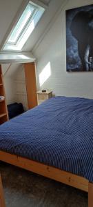 a bedroom with a bed with a blue comforter at Casa Ysermonde- Barkas 8 in Nieuwpoort