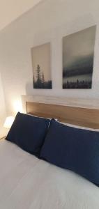 une chambre avec un lit avec deux tableaux au mur dans l'établissement Acollidor estudi amb encant nòrdic i amb parquing, al costat de Grandvalira, à Canillo
