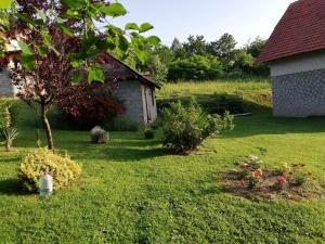 um quintal com uma casa e alguns arbustos e uma árvore em Vikend kuća Ivković em Rudnik