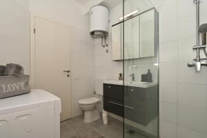 a bathroom with a toilet and a sink and a mirror at Apartment Relax near Split with Jacuzzi in Srinjine