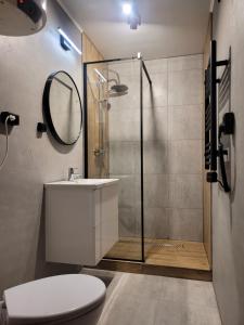 La salle de bains est pourvue d'une douche, de toilettes et d'un lavabo. dans l'établissement Zagroda Bukowiec, à Polańczyk