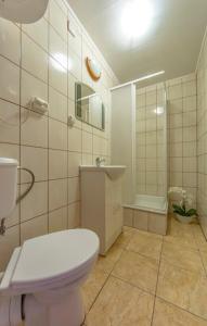 La salle de bains est pourvue de toilettes, d'une douche et d'un lavabo. dans l'établissement Zagroda Bukowiec, à Polańczyk