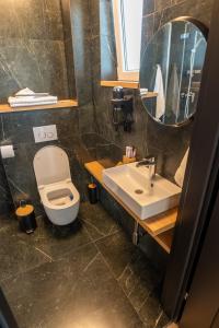 W łazience znajduje się toaleta, umywalka i lustro. w obiekcie Domki Letniskowe by LIDER w Łebie