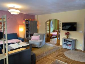 a living room with a couch and a tv at Ferienwohnung Erfurt Marbacher Höhe in Erfurt