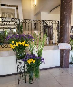 dois vasos de flores em um balcão em uma loja em Charlino Plaza em Ruse