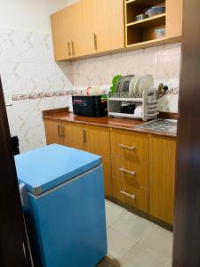 a kitchen with a blue refrigerator and wooden cabinets at OD-V!CK'S TOPVIEW, WUSE DISTRICT, Stable Power, Tight Security in Abuja