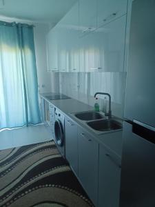 a kitchen with a sink and a washing machine at Seaside Christina Apartments in Ierissos