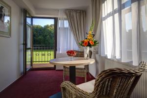 Zimmer mit einem Tisch, Stühlen und einem Fenster in der Unterkunft Penzion Obora in Poděbrady