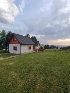 a small house in a field with a playground at Domek u Basi in Czorsztyn