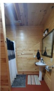 ein Bad mit einem Waschbecken und einem Spiegel in der Unterkunft Legacy Lodge Bunkhouse in Windsor