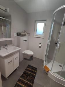 uma casa de banho com um chuveiro, um WC e um lavatório. em Domek u Basi em Czorsztyn