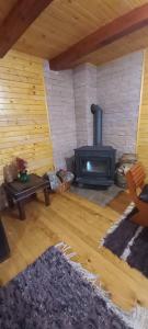 a living room with a wood stove in a room at Crkvine Chalet in Kolašin