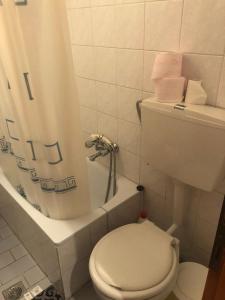 a bathroom with a toilet and a shower curtain at The square in Mariaí