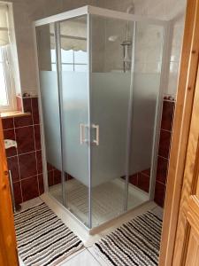 a shower with a glass door in a bathroom at Minaun Cliff View in Achill