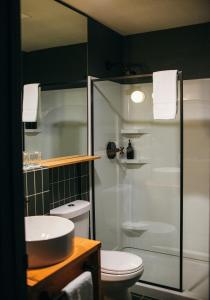 a bathroom with a shower and a toilet and a sink at Apres Whitefish in Whitefish