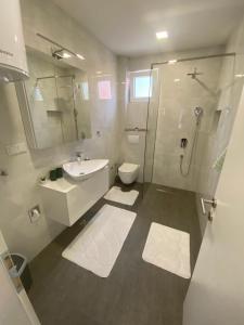 een badkamer met een douche, een wastafel en een toilet bij Sunset Delux Apartment in Visoko