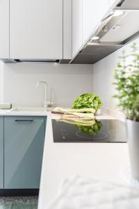 une cuisine avec un évier et une plante sur un comptoir dans l'établissement Appartamento Vert, à Diano Marina