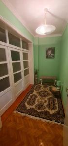 a living room with green walls and a rug at Apartmani "M" br3 in Topola