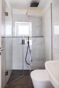 a bathroom with a shower and a toilet and a sink at Casa Monte dos Entrudos in Almancil +5 photos