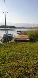 ein Boot auf dem Wasser neben einem Dock in der Unterkunft La cabane de l'étang 