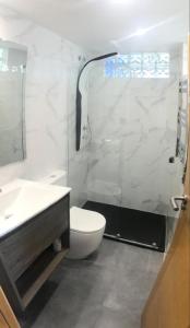 a bathroom with a shower and a toilet and a sink at Apartamento Rosario 2 in Vigo