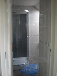 a shower with a glass door in a bathroom at Les Voiles Vertes in Moidrey