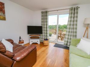 a living room with a couch and a flat screen tv at Foxes Meadow in Llandrindod Wells