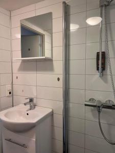 een badkamer met een wastafel en een douche met een spiegel bij FeelHome small 1 bedroom apartment Polar vegen in Tromsø