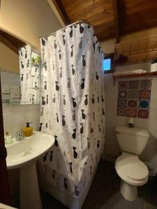 a bathroom with a shower curtain with a toilet and a sink at CASA PALAFITO Interior. in Pucón +20 photos