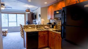 eine Küche mit Holzschränken und einem schwarzen Kühlschrank in der Unterkunft Peakside Paradise in Breckenridge