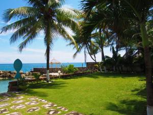 a green park with palm trees and the ocean at Chrisanns Hidden Cove 2 bedroom in St Mary