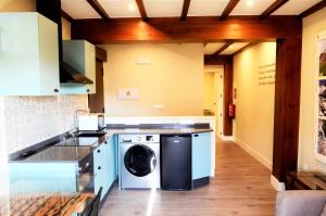 uma cozinha com máquina de lavar e secar roupa em Apartamentos La Rosa y El Pastor em Guijo de Santa Bárbara