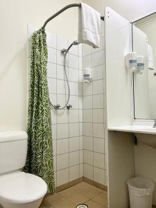 a bathroom with a shower curtain and a toilet at MOM Darwin in Darwin