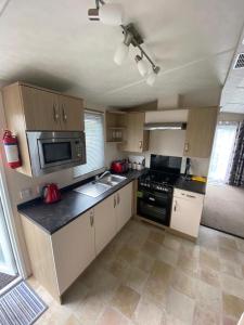 a small kitchen with a stove and a microwave at Three Lochs Holiday Caravan for Families and Couples in Newton Stewart