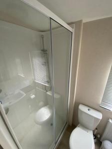 a bathroom with a toilet and a glass shower at Three Lochs Holiday Caravan for Families and Couples in Newton Stewart
