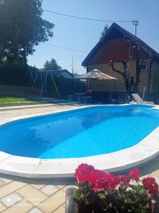 a large blue swimming pool in front of a house at vikendaja in Rakovac