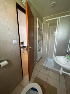 a bathroom with a toilet and a sink at Ubytovanie Erika in Vitanová