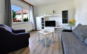 - un salon avec un canapé et une table dans l'établissement Apartman Dorijan, à Rakovica
